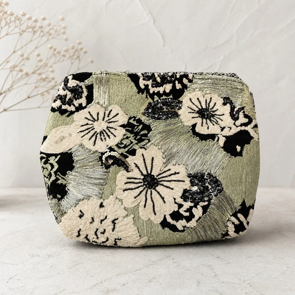 Miss Albright Anthropologie Floral Embroidered Sequin Metallic Oversized Clutch